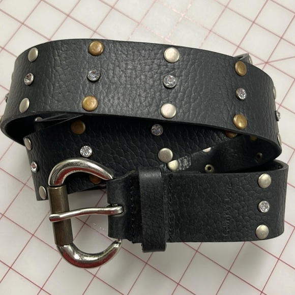 CALVIN KLEIN Moto Rhinestone Brass & Silver Stud/Buckle Black Leather Belt SZ XL - Picture 4 of 11